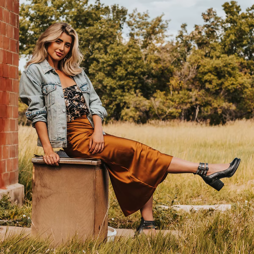 Women's Western Ankle Boots with Block Heel, Ankle Strap, and Three Buckles