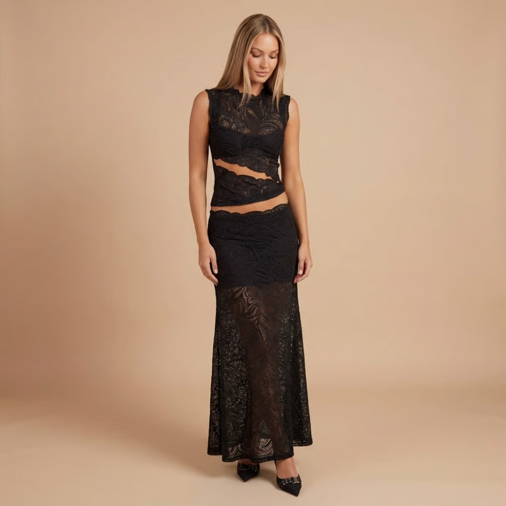 Women's Cocktail Lace High Neck Maxi Skirt Set