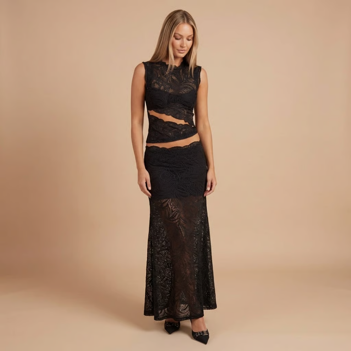 Women's Cocktail Lace High Neck Maxi Skirt Set