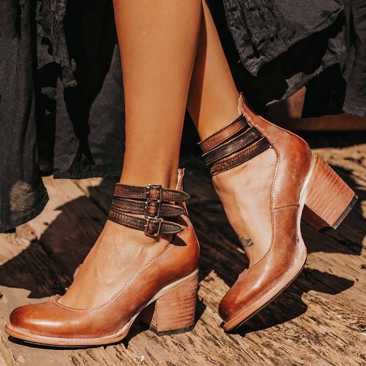 Women's Western Ankle Boots with Block Heel, Ankle Strap, and Three Buckles