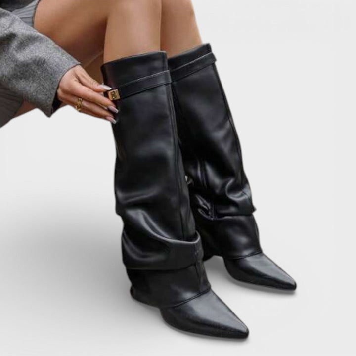Women's high boots with pointed toe, ruched, low heel, and buckle