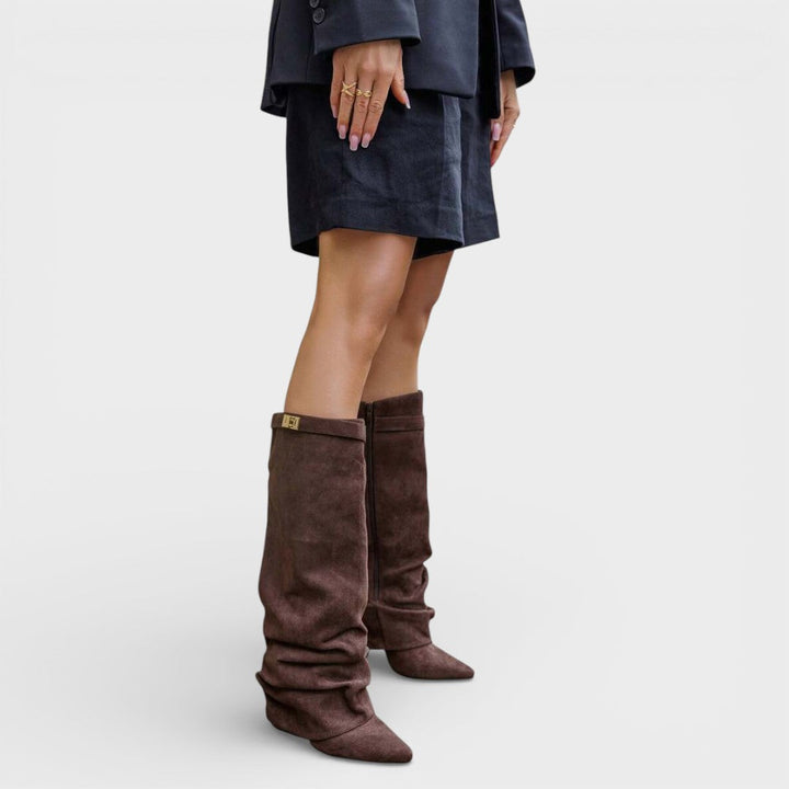 Women's high boots with pointed toe, ruched, low heel, and buckle