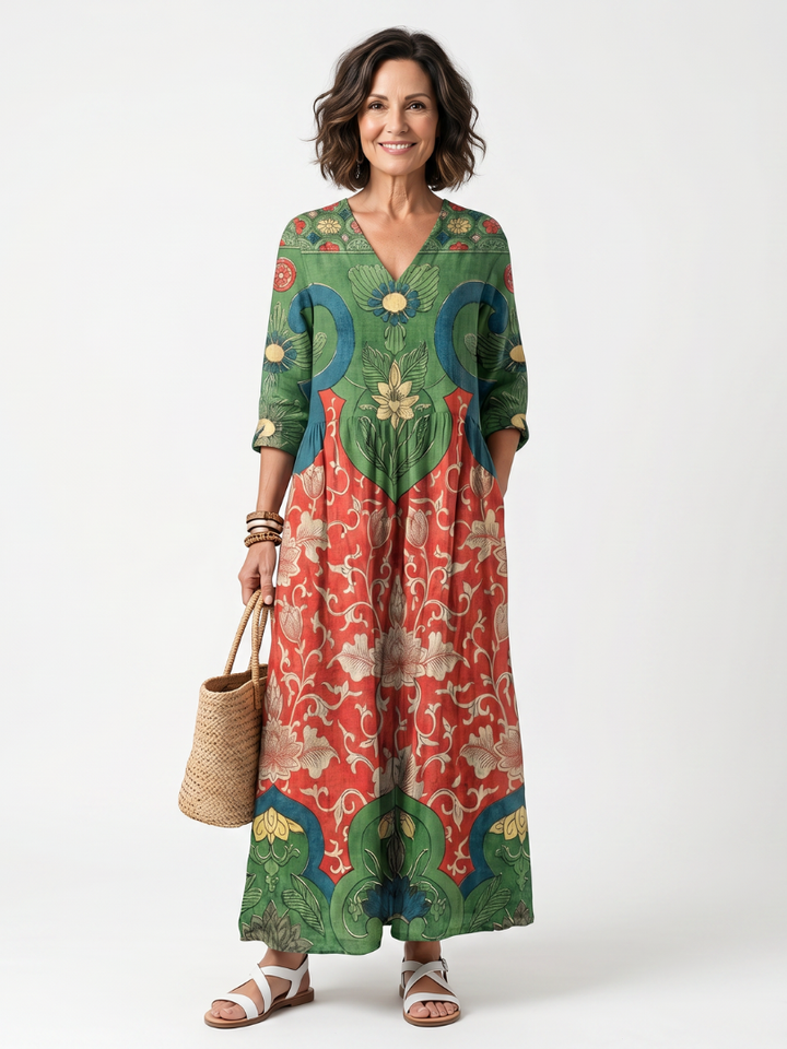 Sloane | Mixed-Print V-Neck Pocket Midi Dress