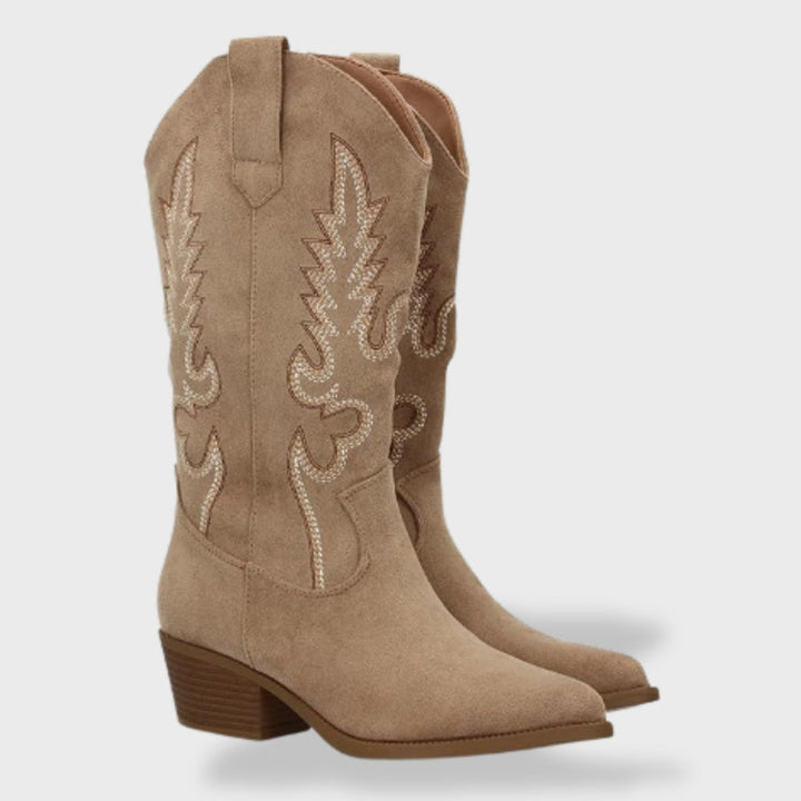 Women's Orthopedic Suede Cowboy Boots with Western Embroidery | Comfortable Low Heel Boots with Anatomical Support