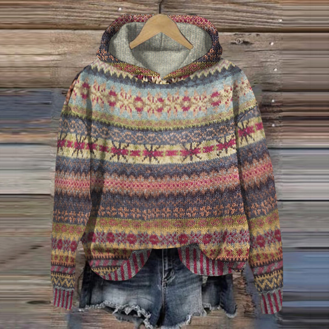 Women's Retro Vintage Hoodie - Soft Patterned Knit Sweater