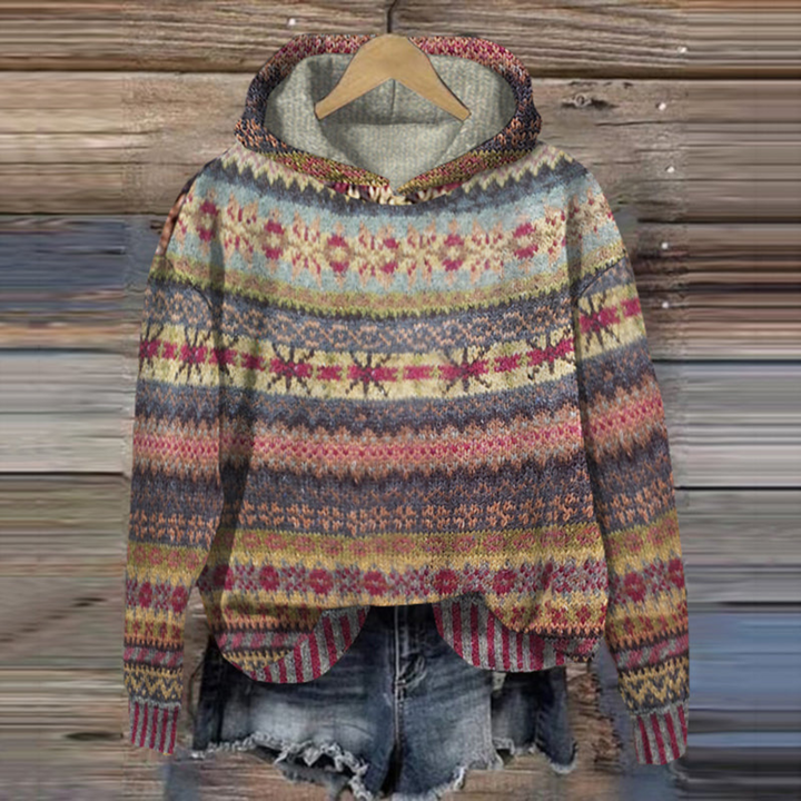 Women's Retro Vintage Hoodie - Soft Patterned Knit Sweater