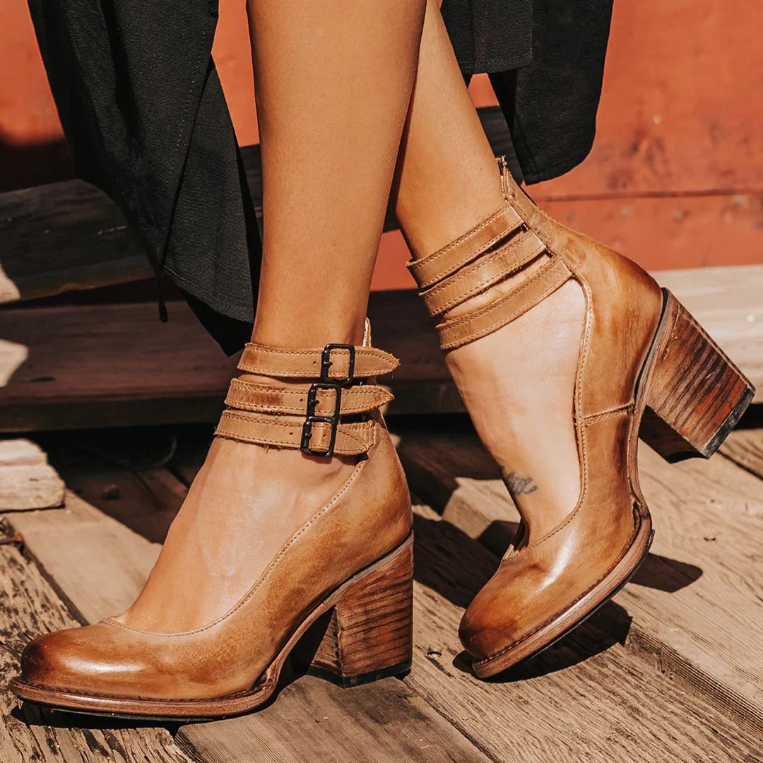 Women's Western Ankle Boots with Block Heel, Ankle Strap, and Three Buckles
