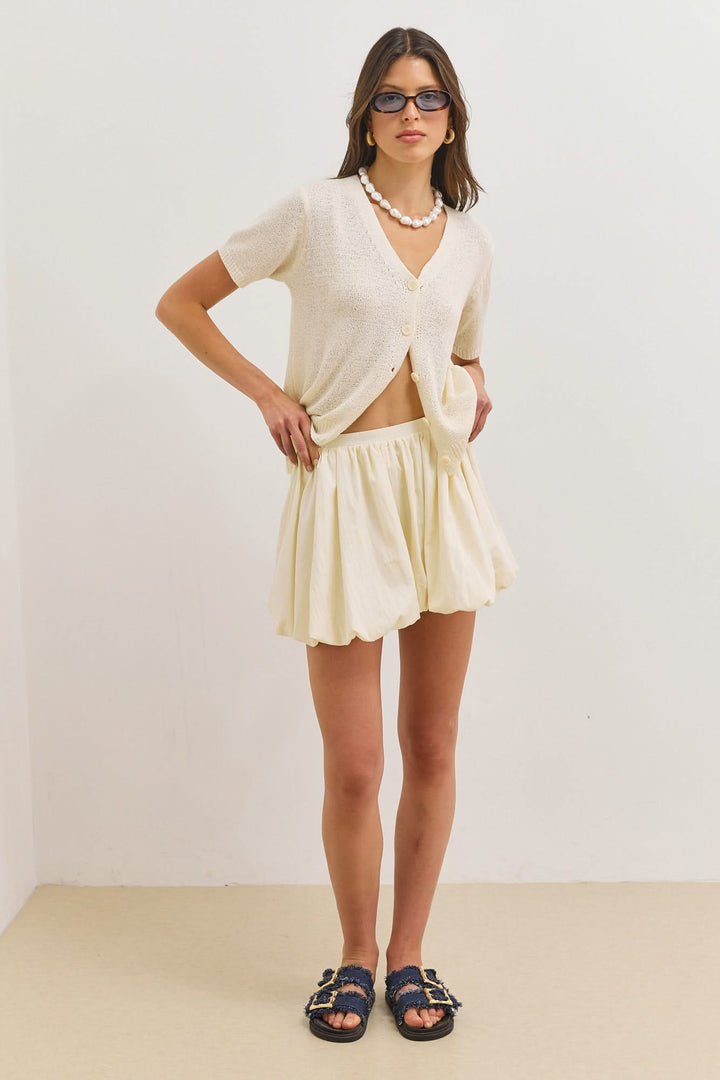 Cardigan for women, cropped cut, V-neck, short sleeves, buttons, textured knit