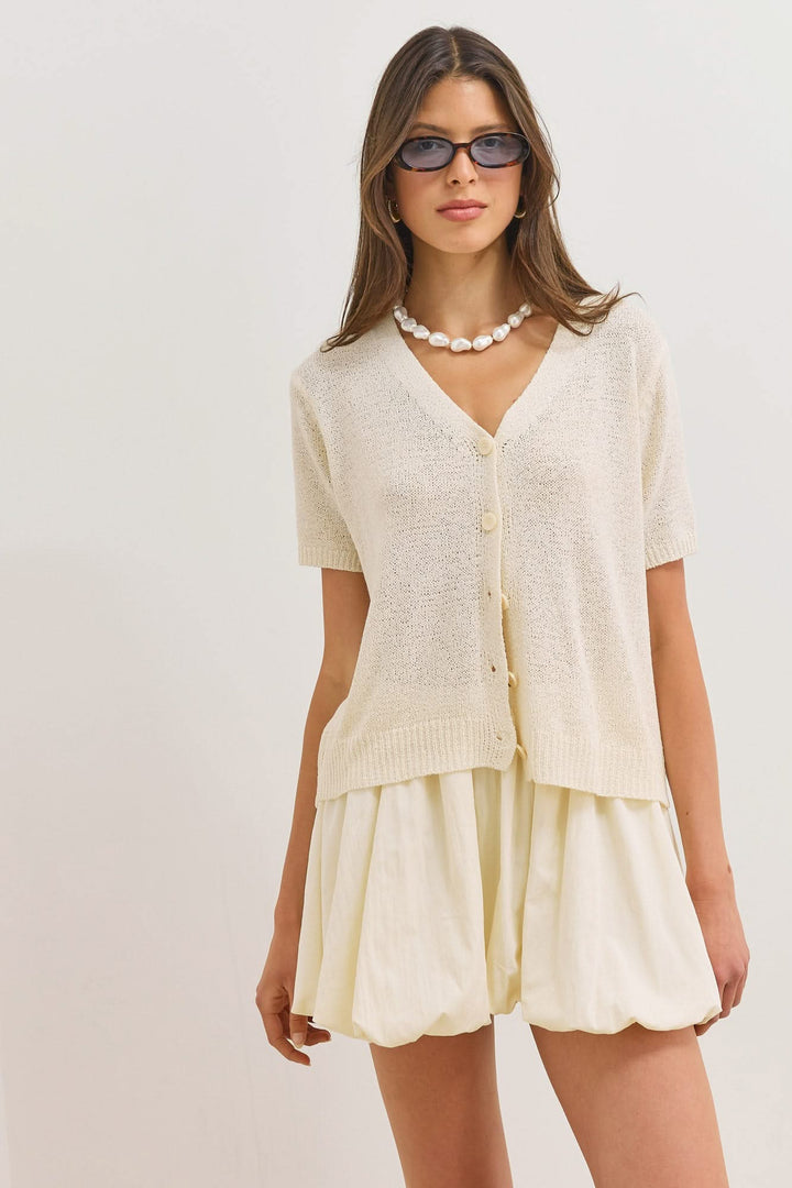 Cardigan for women, cropped cut, V-neck, short sleeves, buttons, textured knit