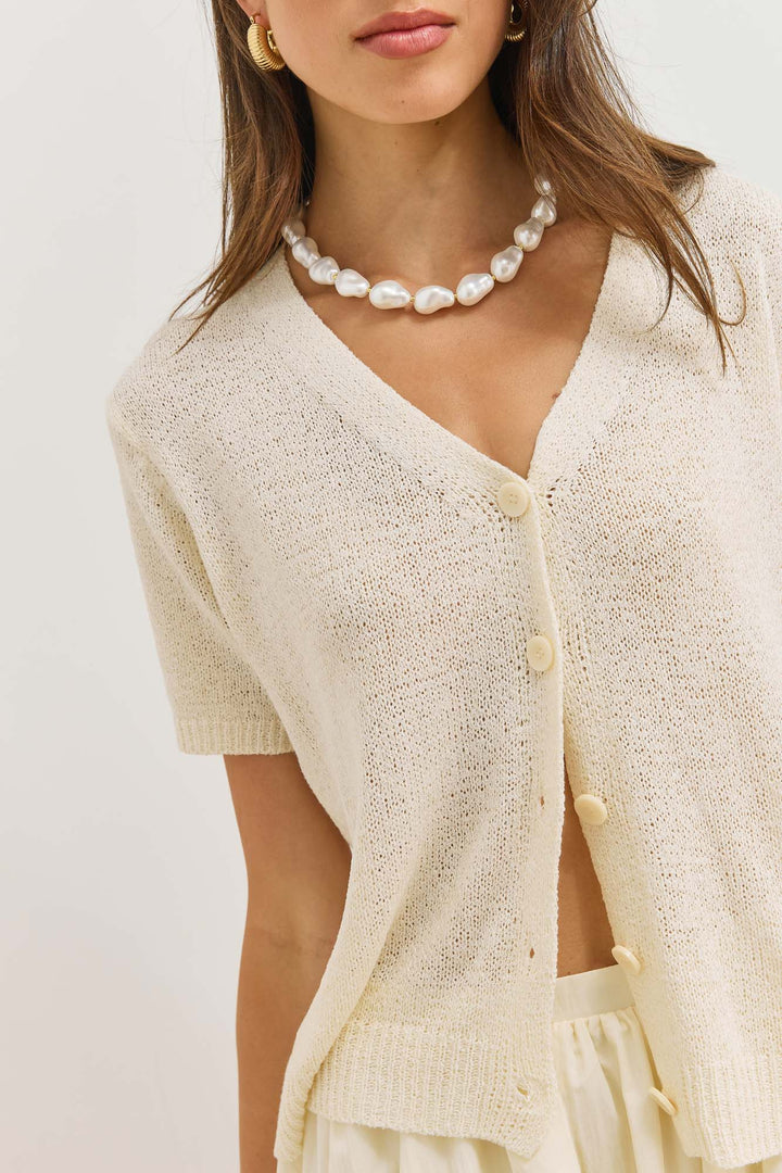 Cardigan for women, cropped cut, V-neck, short sleeves, buttons, textured knit