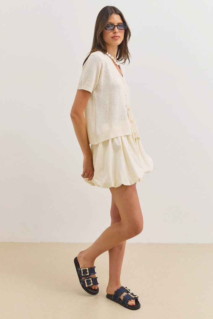 Cardigan for women, cropped cut, V-neck, short sleeves, buttons, textured knit