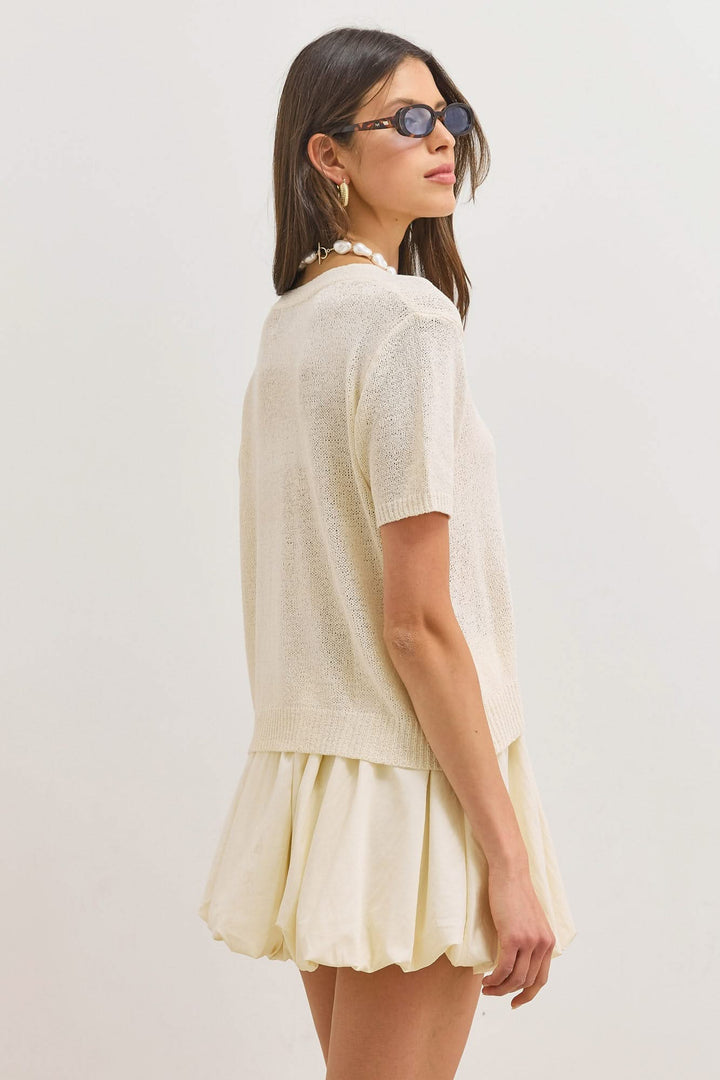 Cardigan for women, cropped cut, V-neck, short sleeves, buttons, textured knit