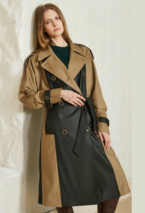 Two-tone women's trench coat with adjustable belt