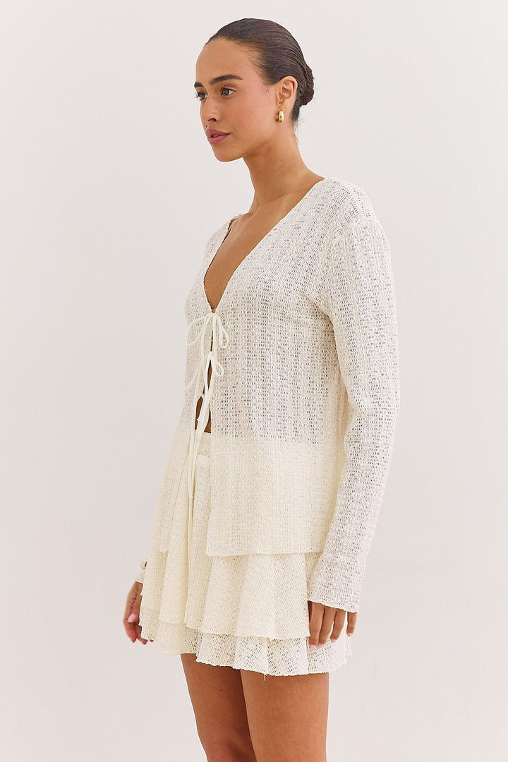 Women's cardigan with V-neck, tie-front, long sleeves, openwork knit