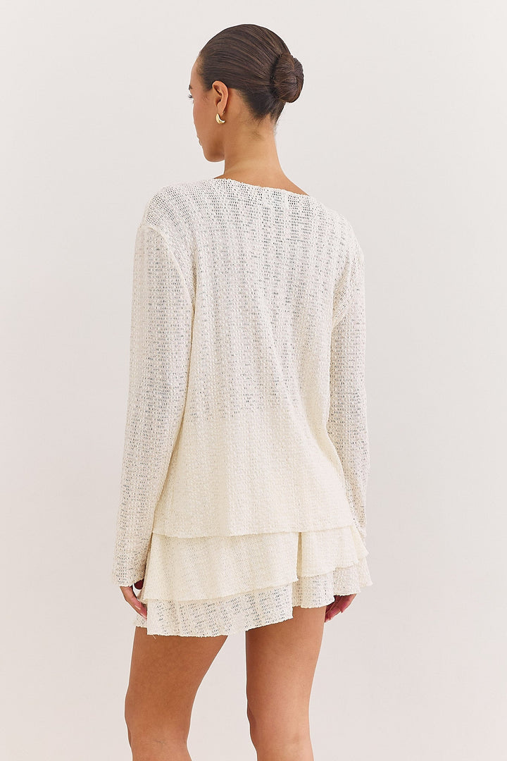 Women's cardigan with V-neck, tie-front, long sleeves, openwork knit