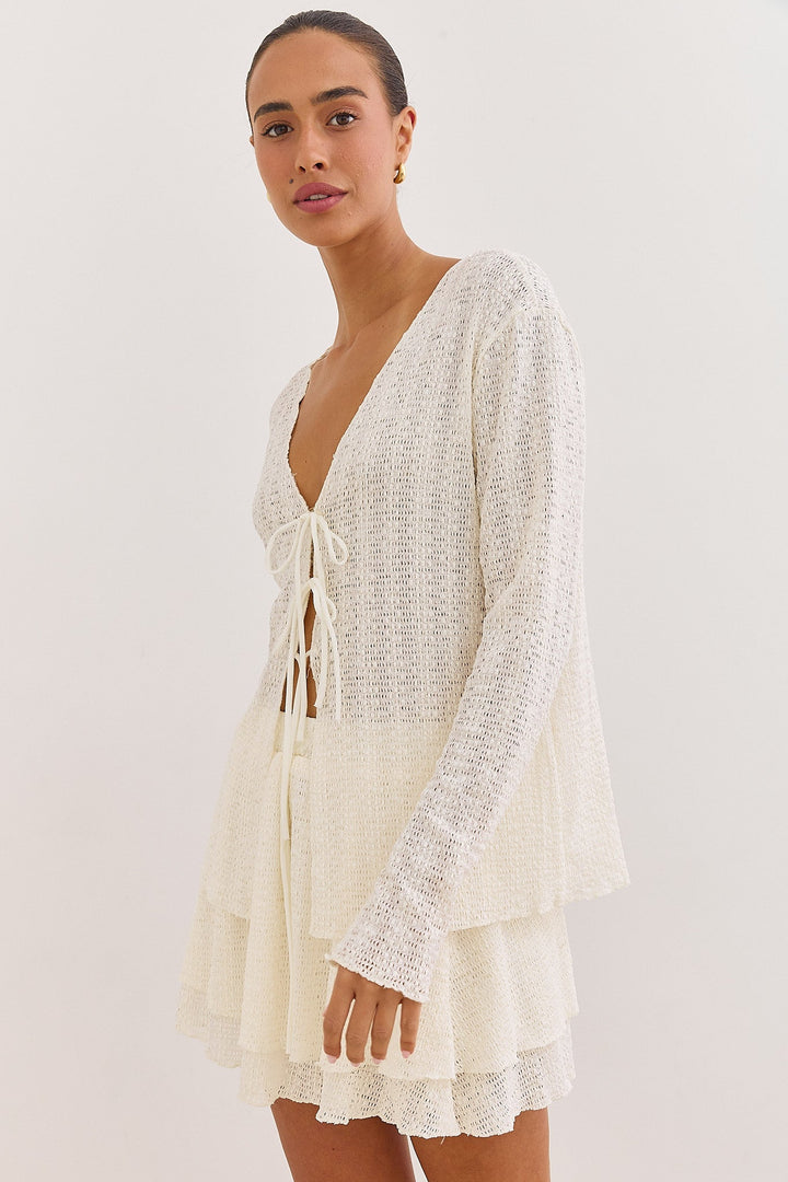 Women's cardigan with V-neck, tie-front, long sleeves, openwork knit