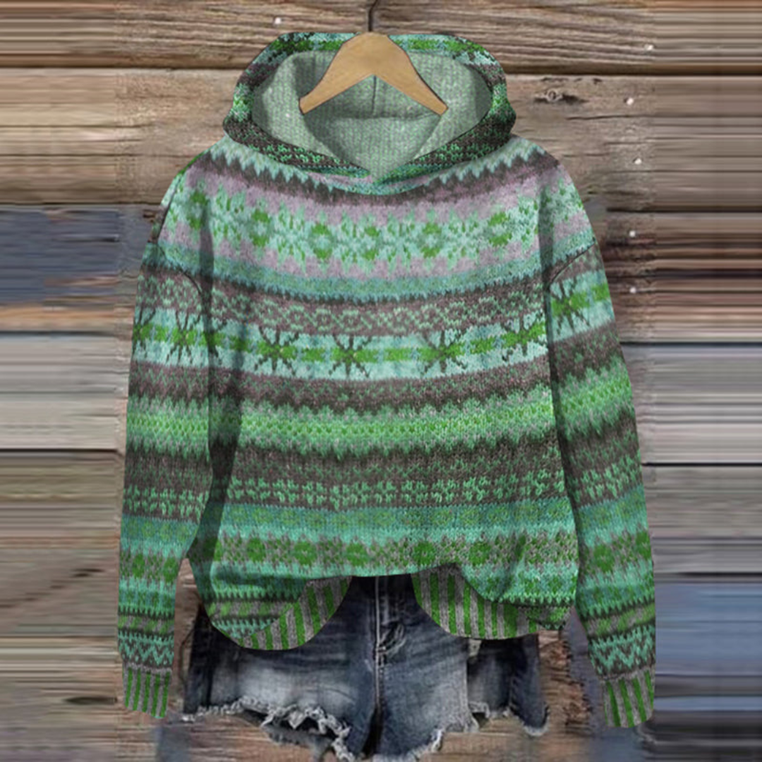 Women's Retro Vintage Hoodie - Soft Patterned Knit Sweater