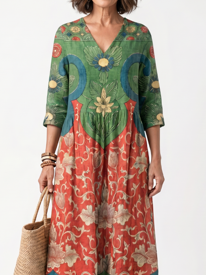Sloane | Mixed-Print V-Neck Pocket Midi Dress