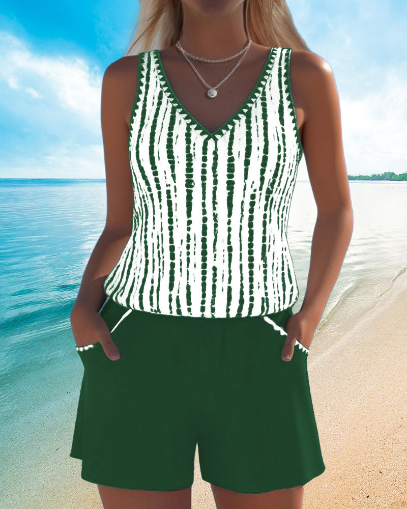 Mia | Casual Two Piece Printed V-Neck Swimsuit with Pockets