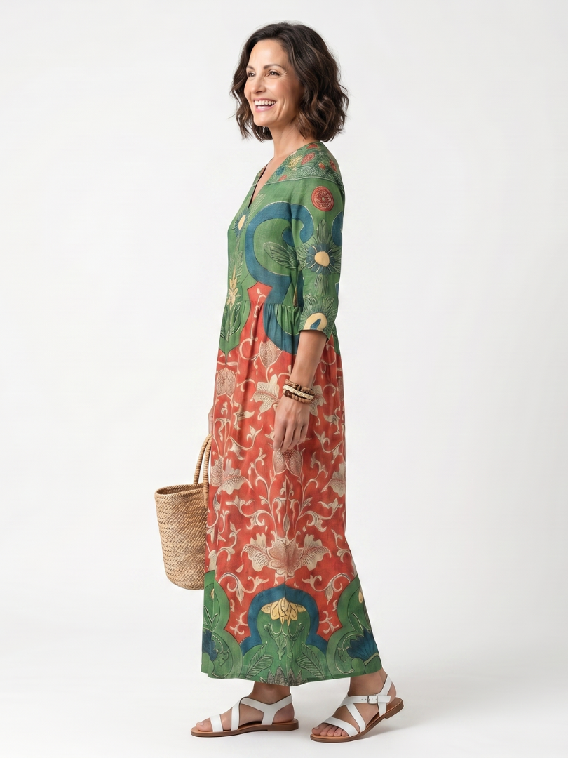 Sloane | Mixed-Print V-Neck Pocket Midi Dress