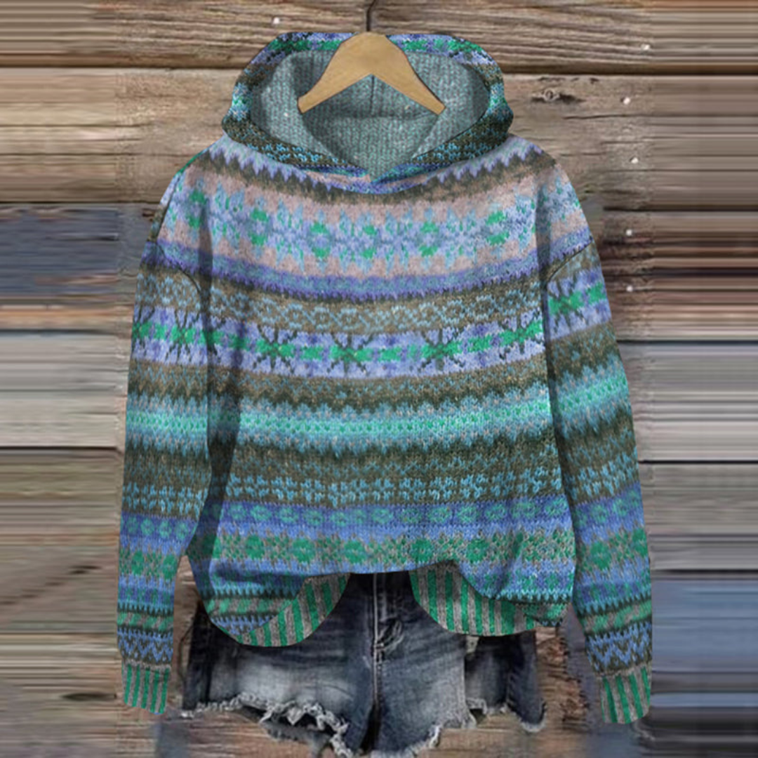 Women's Retro Vintage Hoodie - Soft Patterned Knit Sweater
