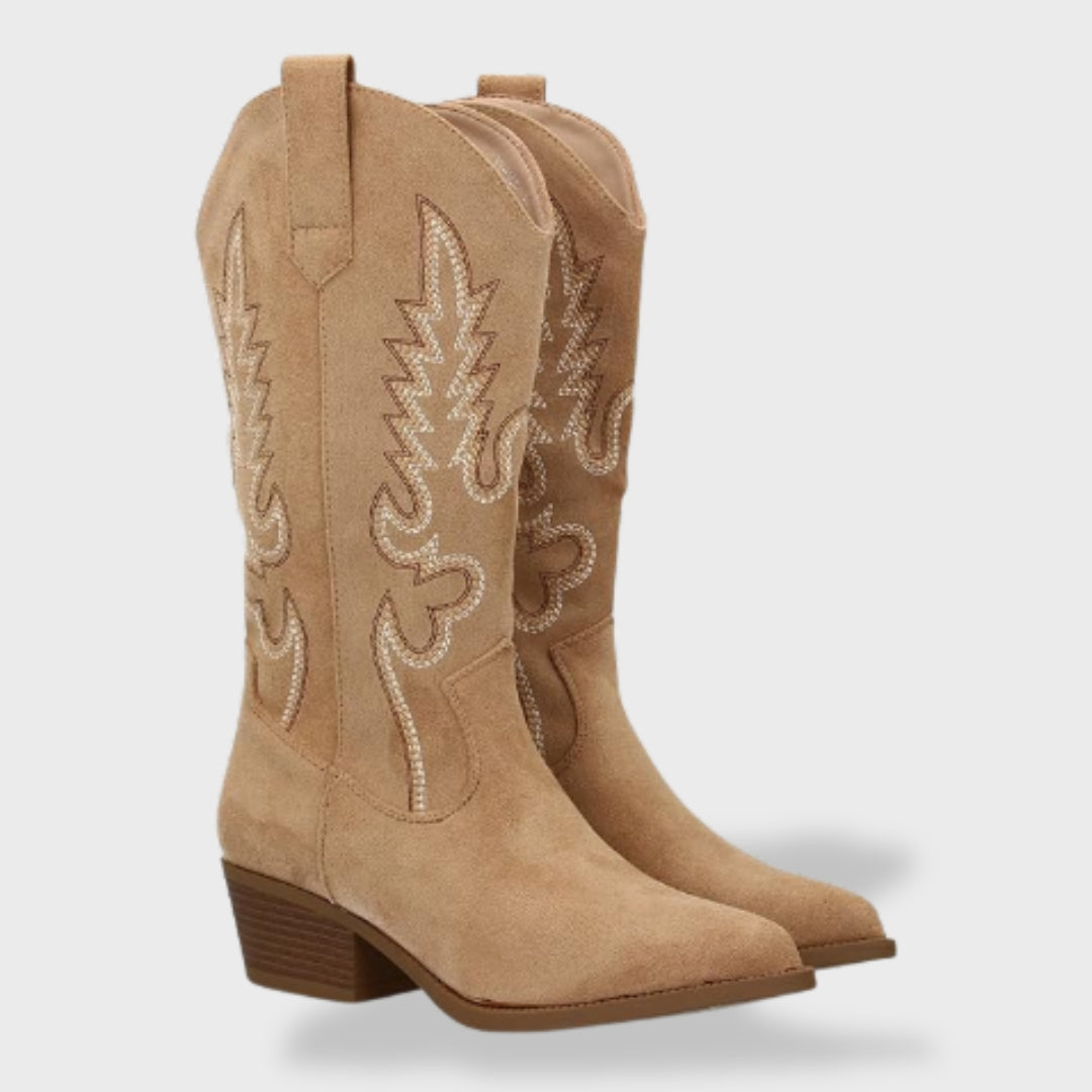 Women's Orthopedic Suede Cowboy Boots with Western Embroidery | Comfortable Low Heel Boots with Anatomical Support