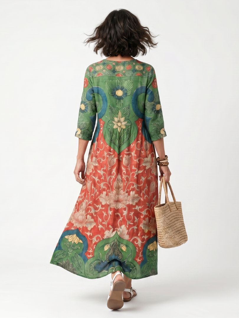 Sloane | Mixed-Print V-Neck Pocket Midi Dress