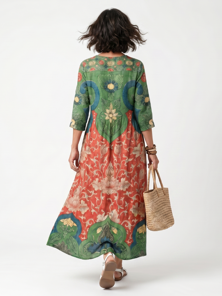 Sloane | Mixed-Print V-Neck Pocket Midi Dress