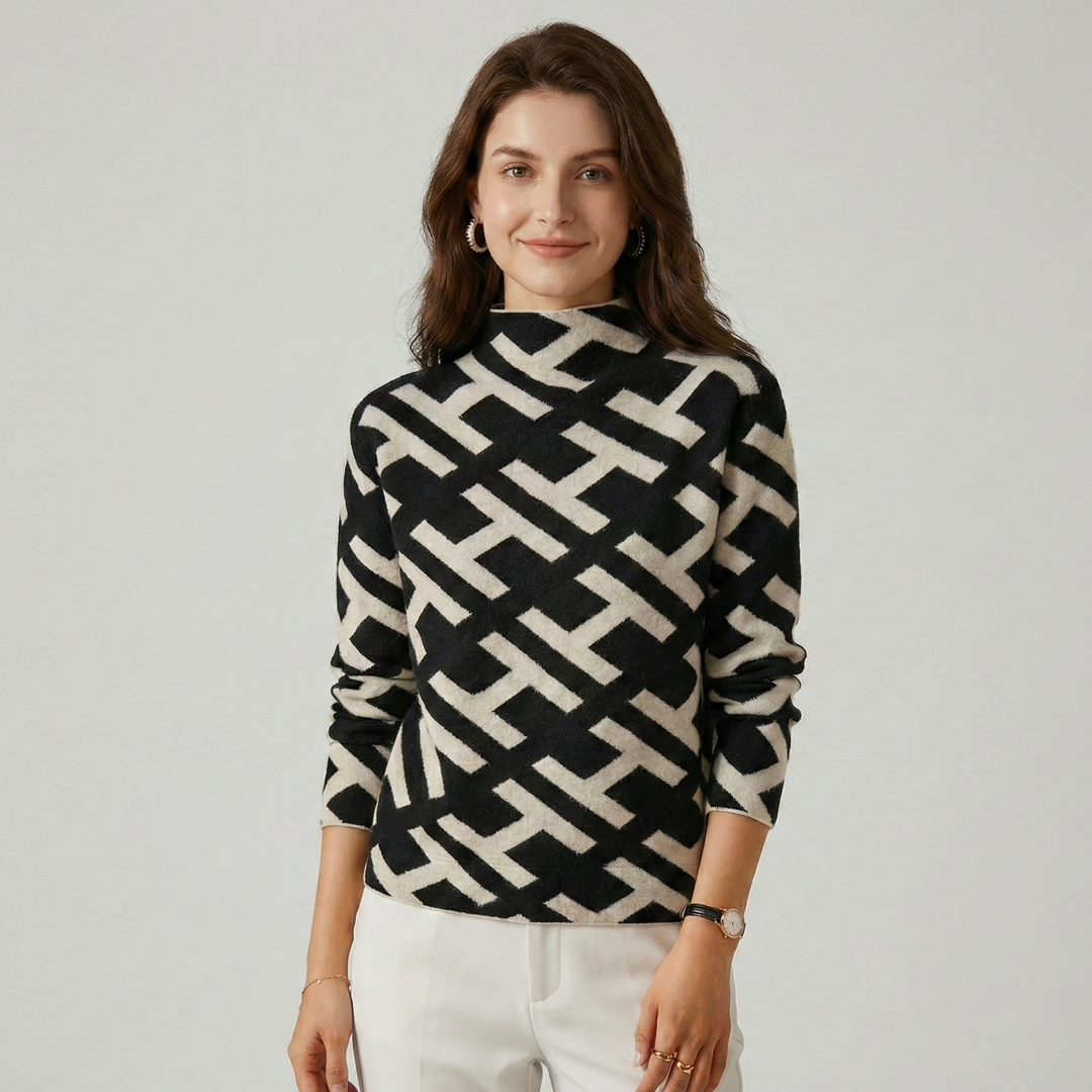 Casual black and white geometric-pattern women's sweater