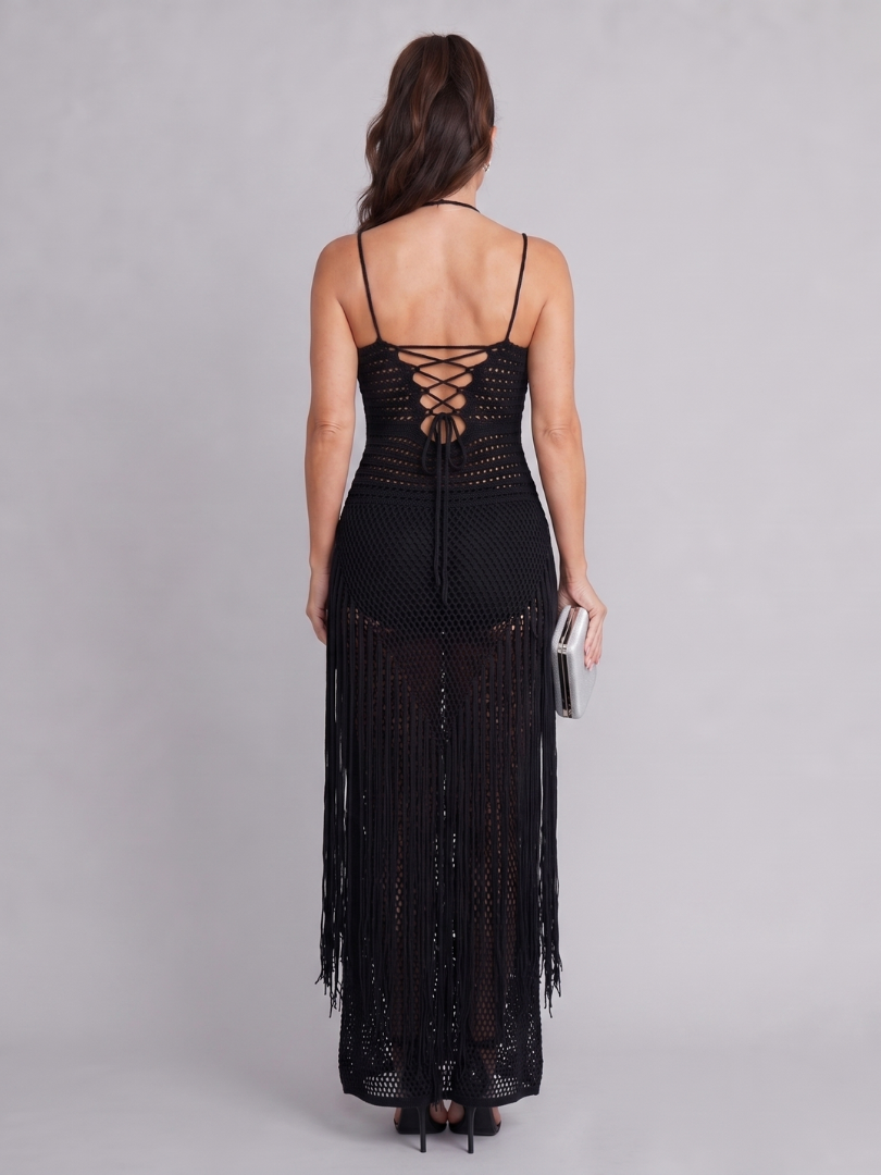 Zephyra | Halter Neck Crochet Fringe Detail Maxi Dress