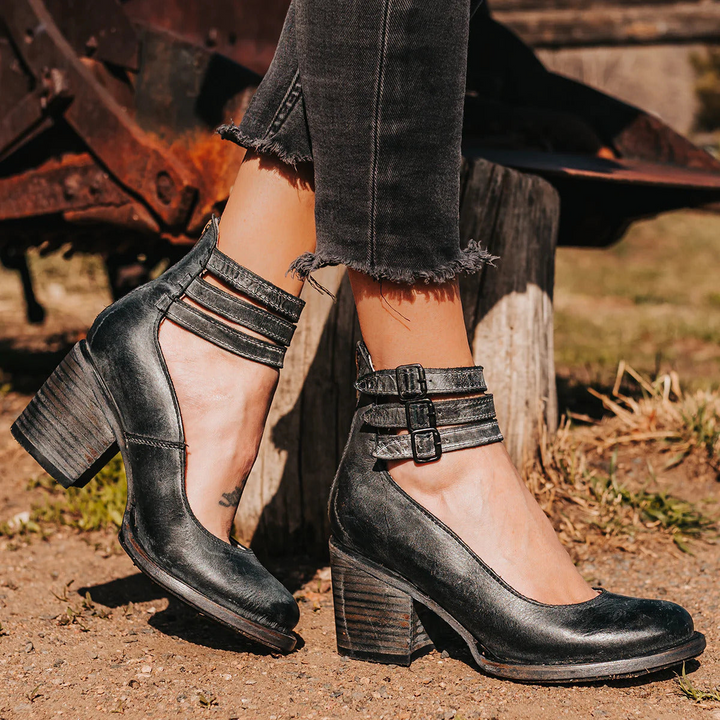 Women's Western Ankle Boots with Block Heel, Ankle Strap, and Three Buckles
