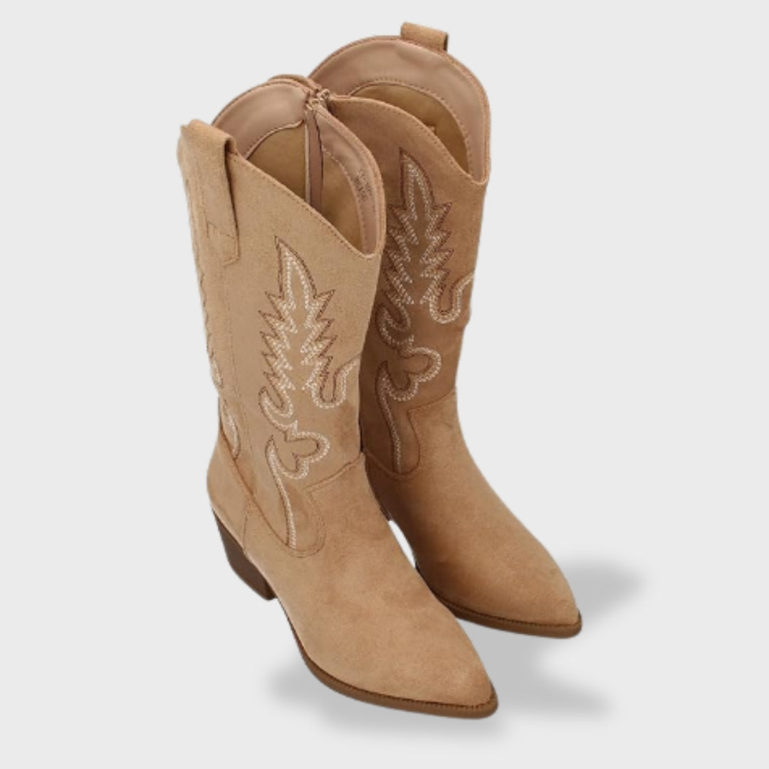 Women's Orthopedic Suede Cowboy Boots with Western Embroidery | Comfortable Low Heel Boots with Anatomical Support