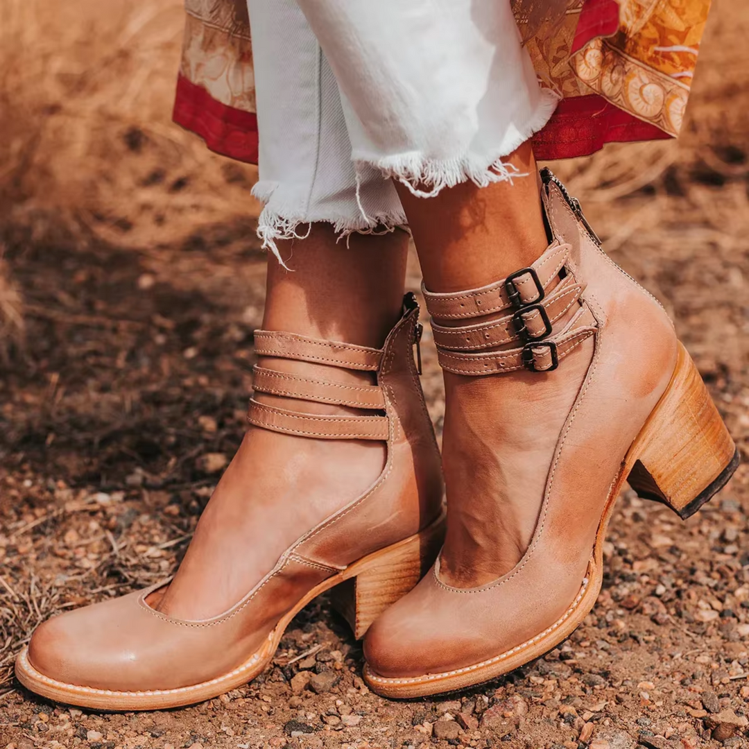 Women's Western Ankle Boots with Block Heel, Ankle Strap, and Three Buckles