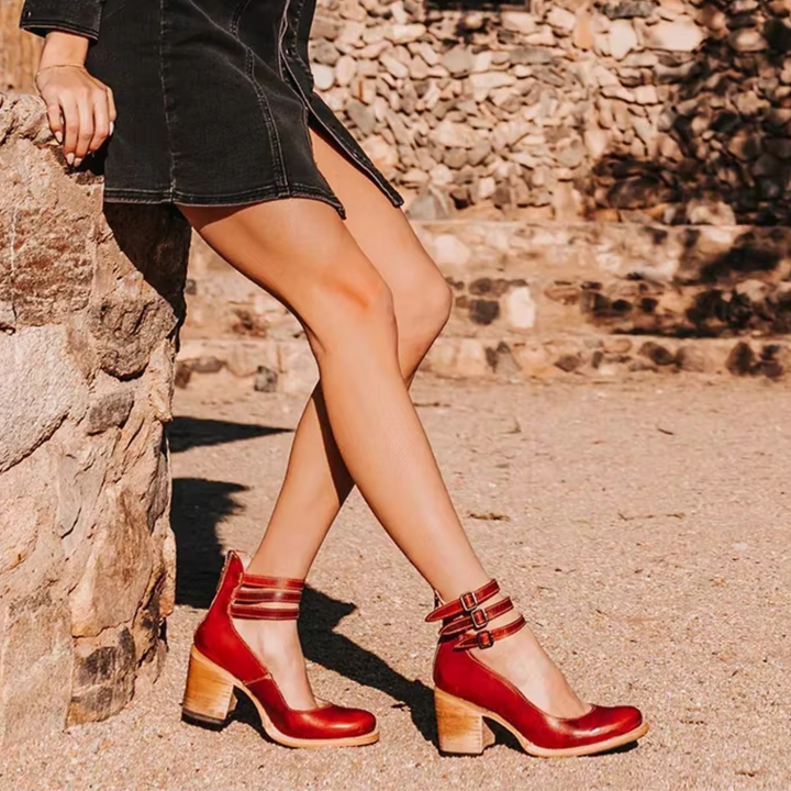 Women's Western Ankle Boots with Block Heel, Ankle Strap, and Three Buckles