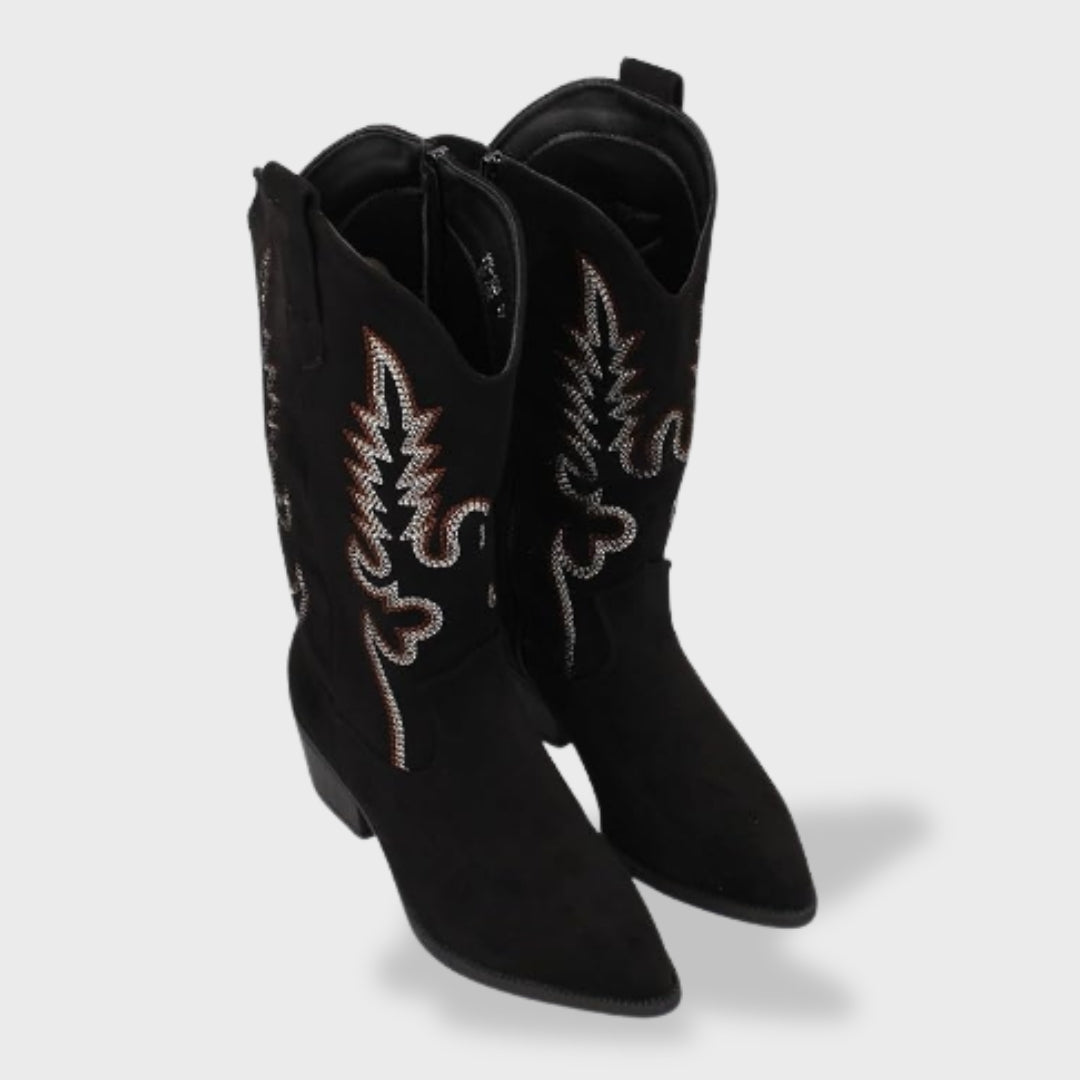 Women's Orthopedic Suede Cowboy Boots with Western Embroidery | Comfortable Low Heel Boots with Anatomical Support