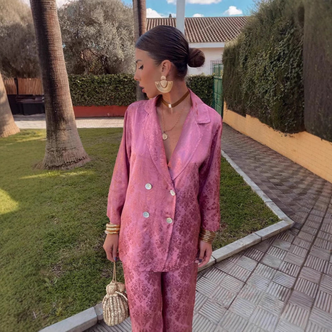 Women's blazer with multicolored floral print, notched lapel, double-breasted
