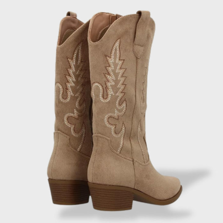 Women's Orthopedic Suede Cowboy Boots with Western Embroidery | Comfortable Low Heel Boots with Anatomical Support