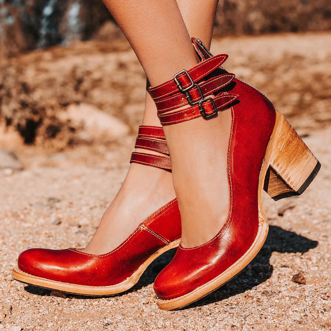 Women's Western Ankle Boots with Block Heel, Ankle Strap, and Three Buckles