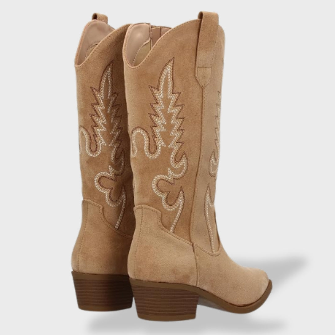 Women's Orthopedic Suede Cowboy Boots with Western Embroidery | Comfortable Low Heel Boots with Anatomical Support