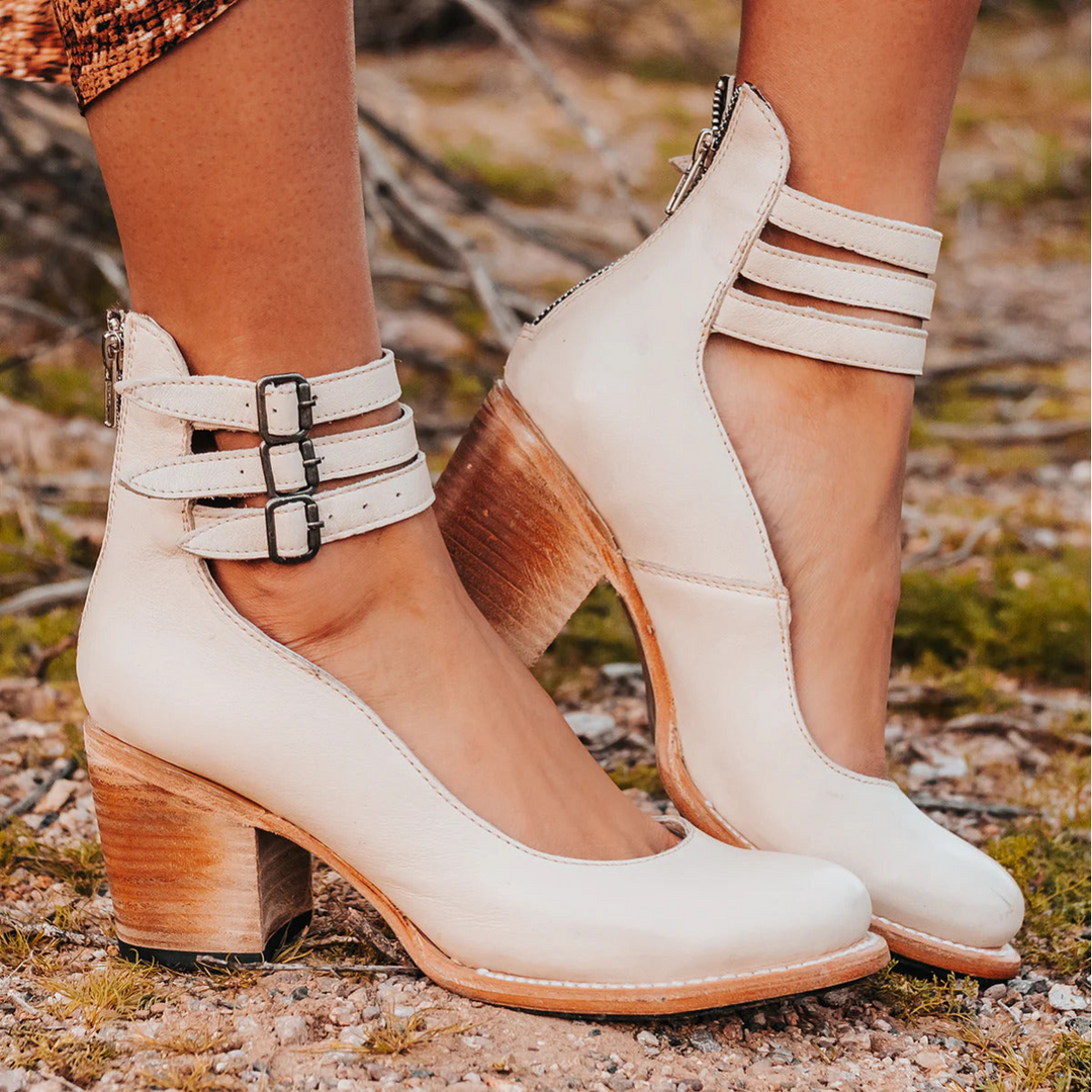 Women's Western Ankle Boots with Block Heel, Ankle Strap, and Three Buckles