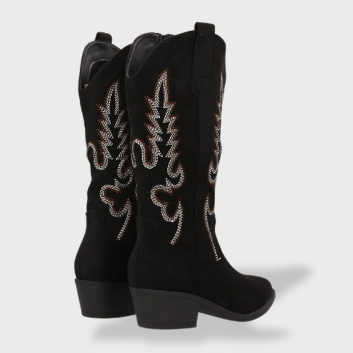Women's Orthopedic Suede Cowboy Boots with Western Embroidery | Comfortable Low Heel Boots with Anatomical Support