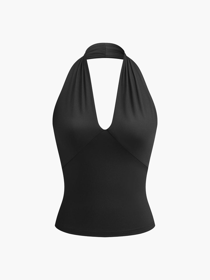 Backless Halter Neck V-Cut Sleeveless Top
