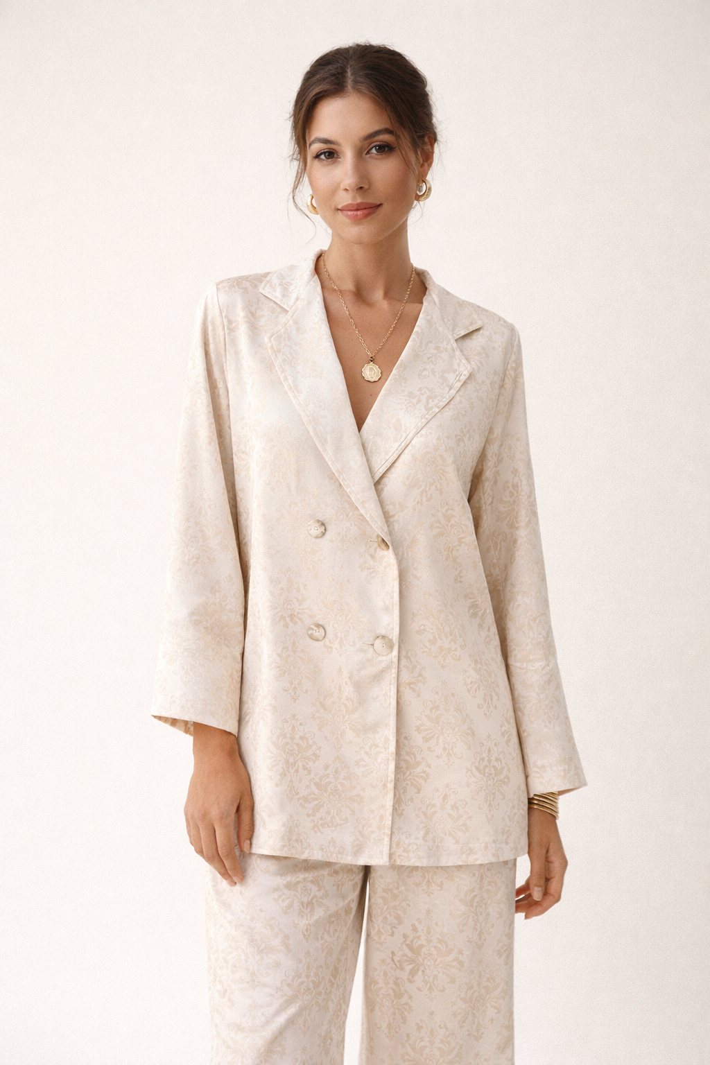 Women's double-breasted blazer with notched lapels, patterned, straight-cut