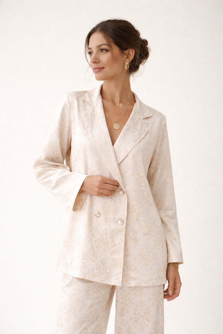 Women's double-breasted blazer with notched lapels, patterned, straight-cut