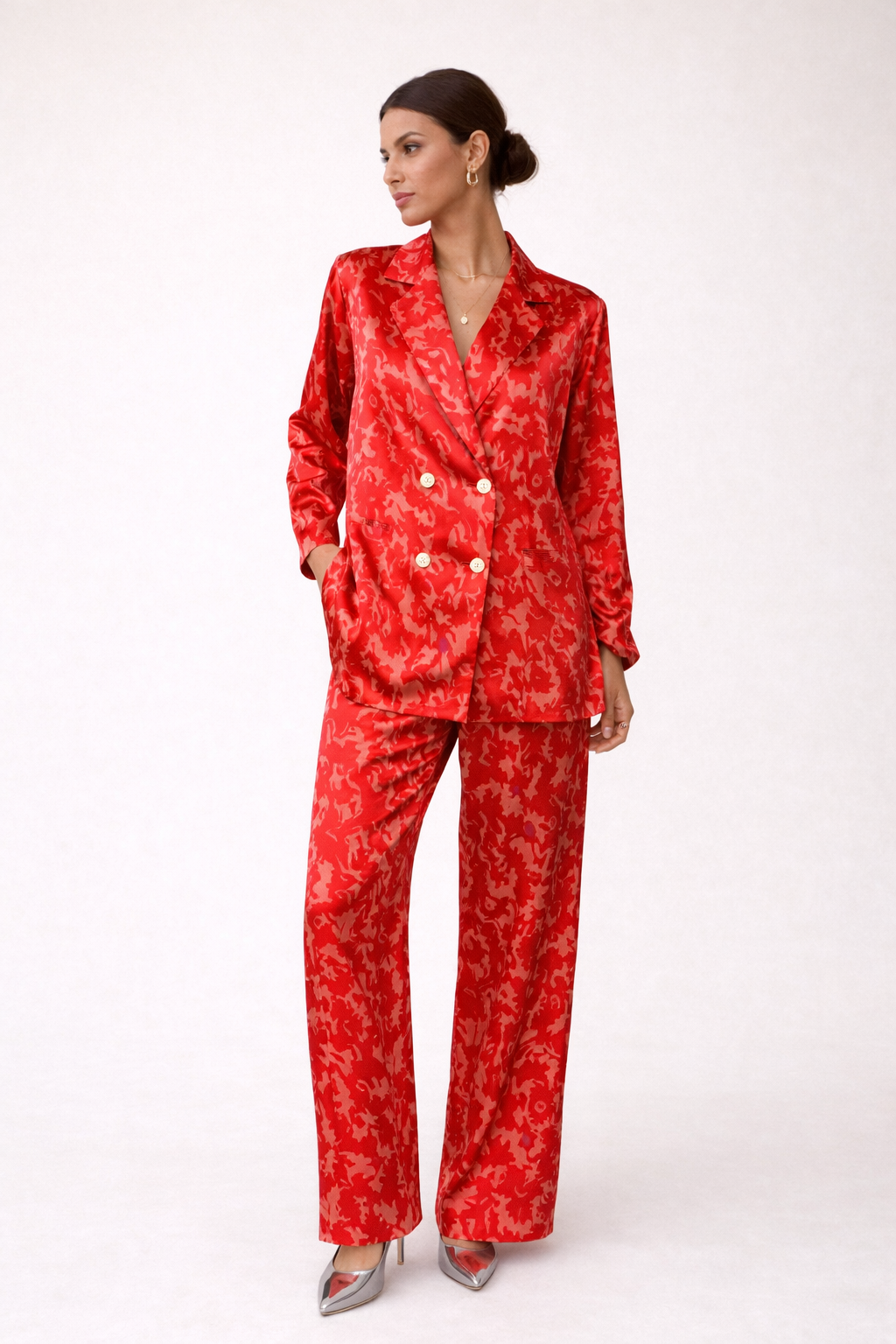 Women's double-breasted blazer with notched lapels, patterned, straight-cut