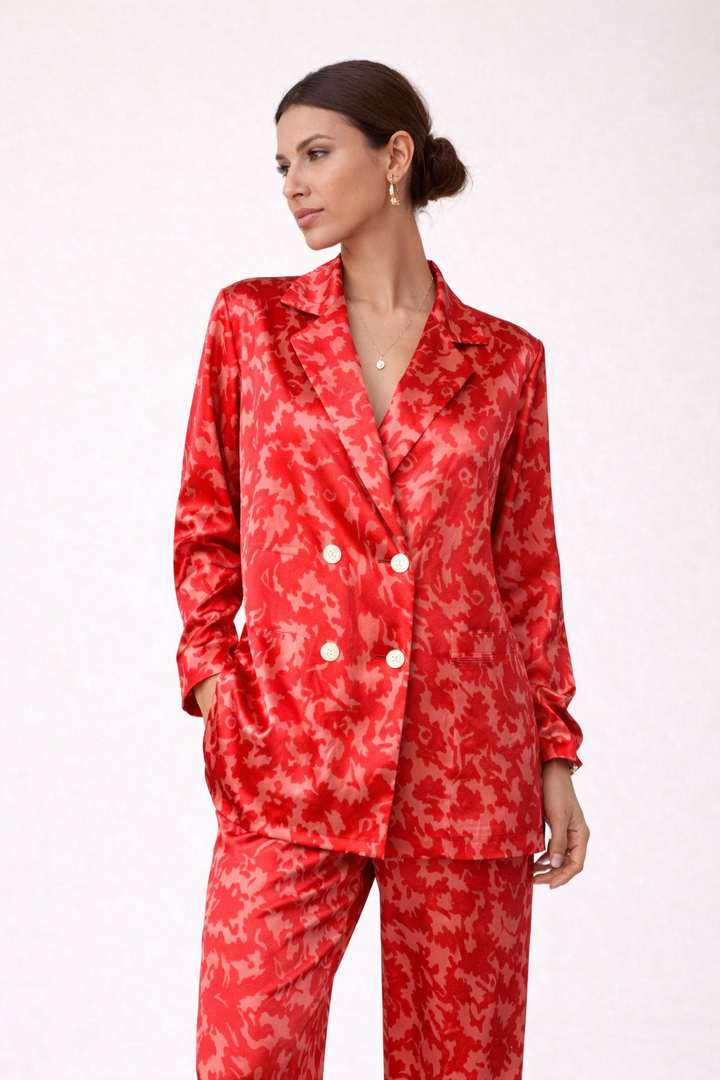 Women's double-breasted blazer with notched lapels, patterned, straight-cut