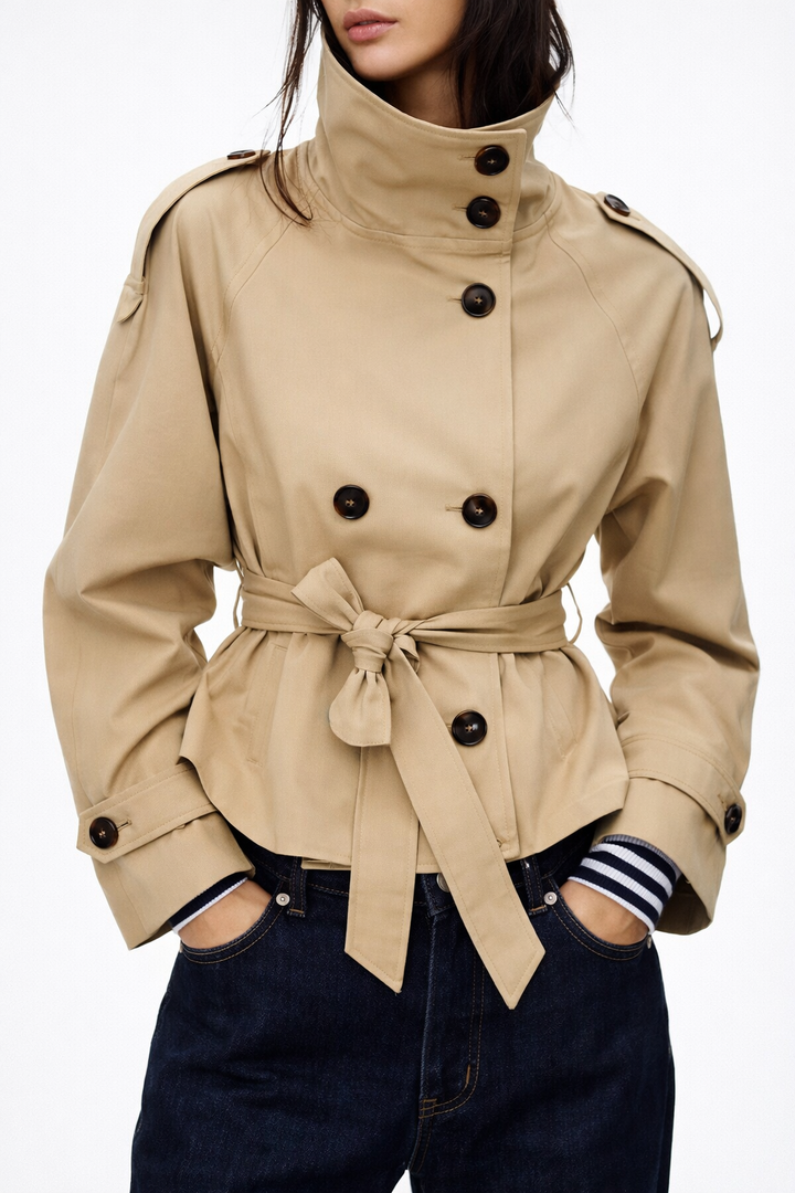 Beige women's trench coat blazer with double-breasted front
