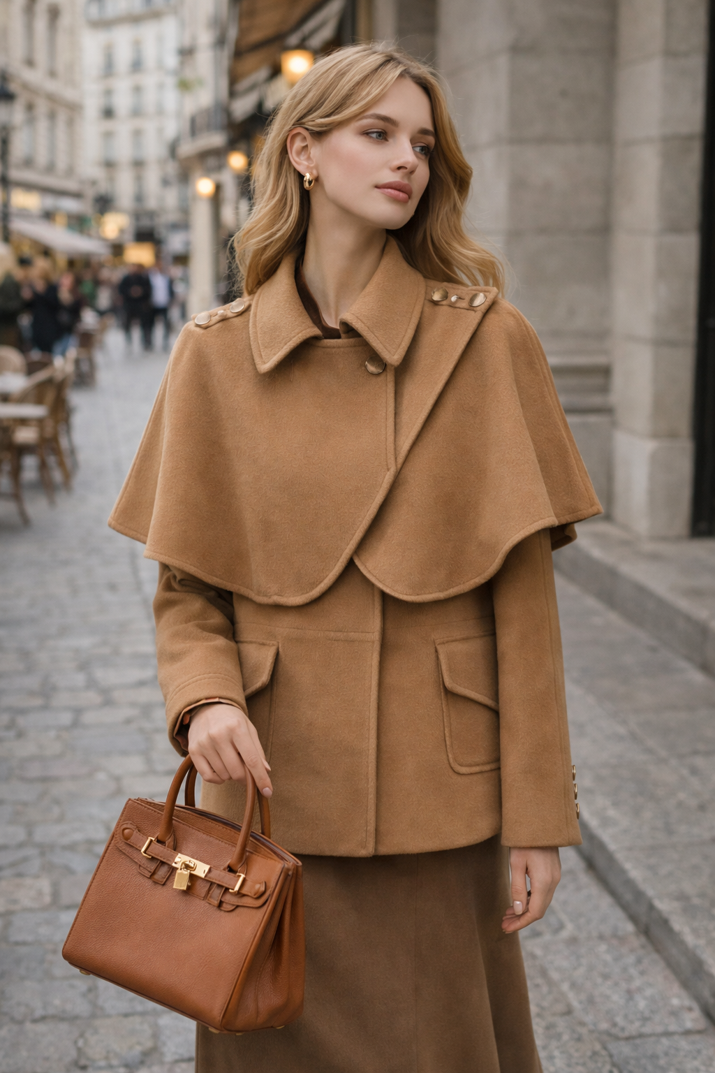 Women's camel cape coat with a fitted waist