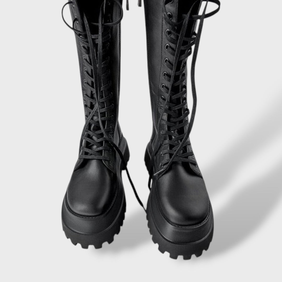 Women's High Lace-Up Boots with Chunky Track Sole | Tall Combat Style Boots for Everyday Wear | Non-Slip Platform Footwear