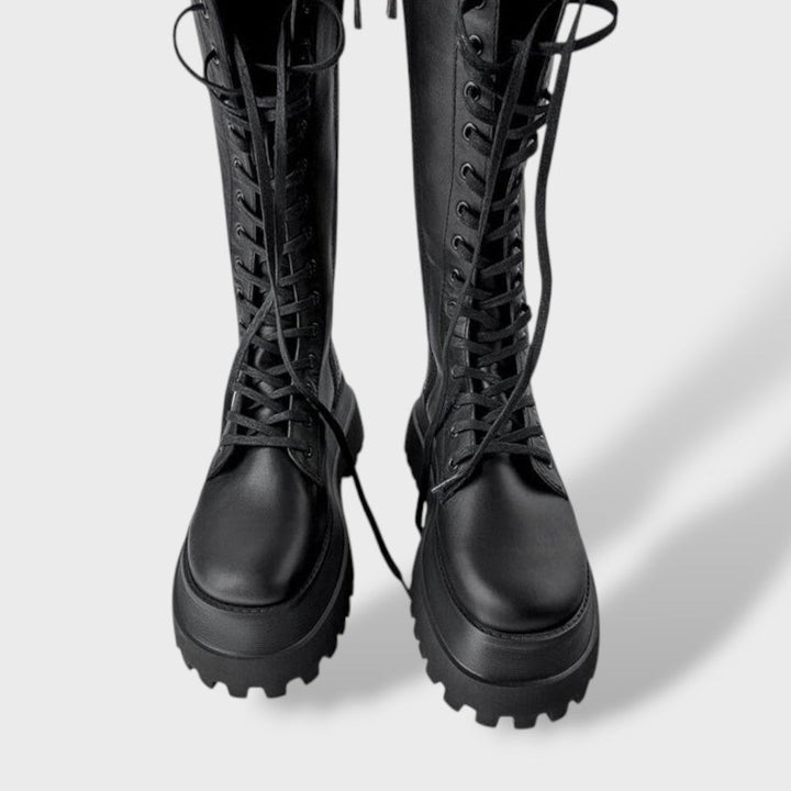 Women's High Lace-Up Boots with Chunky Track Sole | Tall Combat Style Boots for Everyday Wear | Non-Slip Platform Footwear